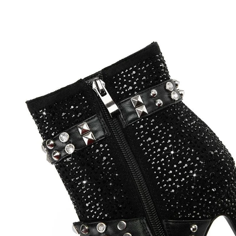 Water Diamond Belt Buckle Pointed High Heels Women's Short Boots - Glova