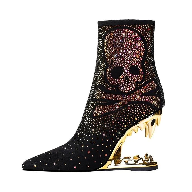 Water Diamond Wolf Teeth Shaped Heel Women's Short Boots - Glova