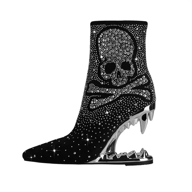 Water Diamond Wolf Teeth Shaped Heel Women's Short Boots - Glova