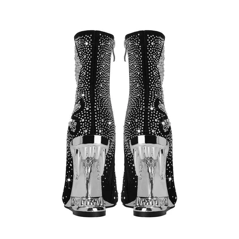 Water Diamond Wolf Teeth Shaped Heel Women's Short Boots - Glova