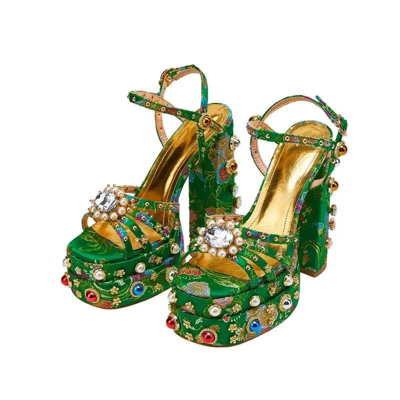 Waterproof Platform Heeled Pearl Rivet Flower Sandals - Glova