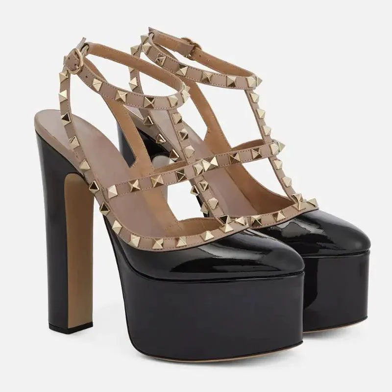 Waterproof Platform High Thick Heel Rivet Mary Jane Shoes - Glova