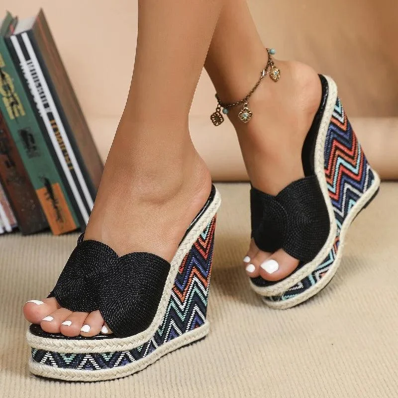 Weave Solid Platform Wedges High Heel Sandal Shoes - Glova