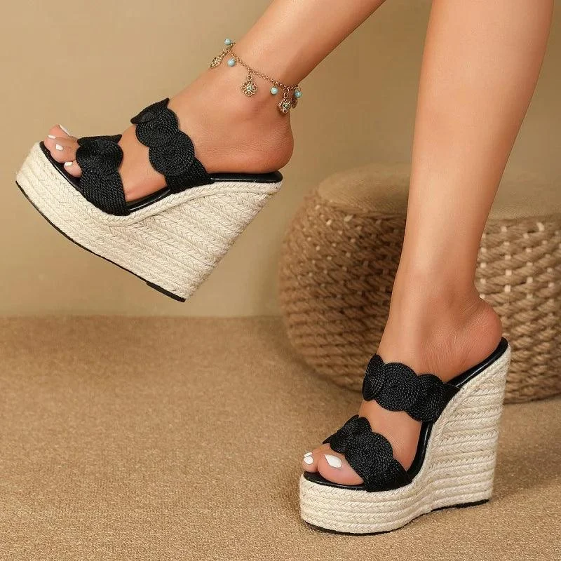 Weave Solid Platform Wedges Peep Toe Shoes - Glova