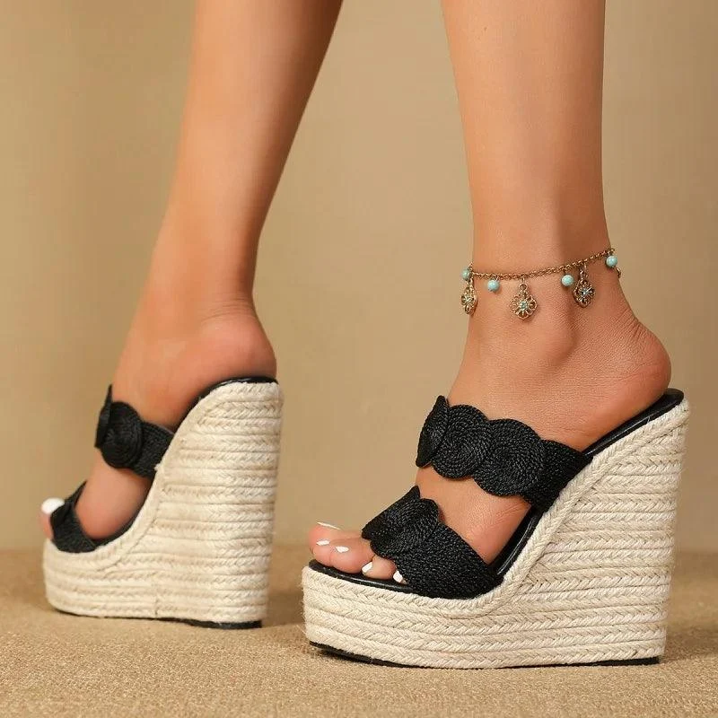 Weave Solid Platform Wedges Peep Toe Shoes - Glova