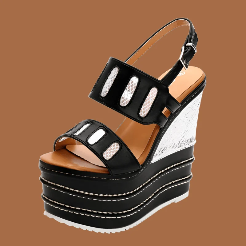 Wedge High Heel Buckle Strap PU Leather Platform Shoes - Glova