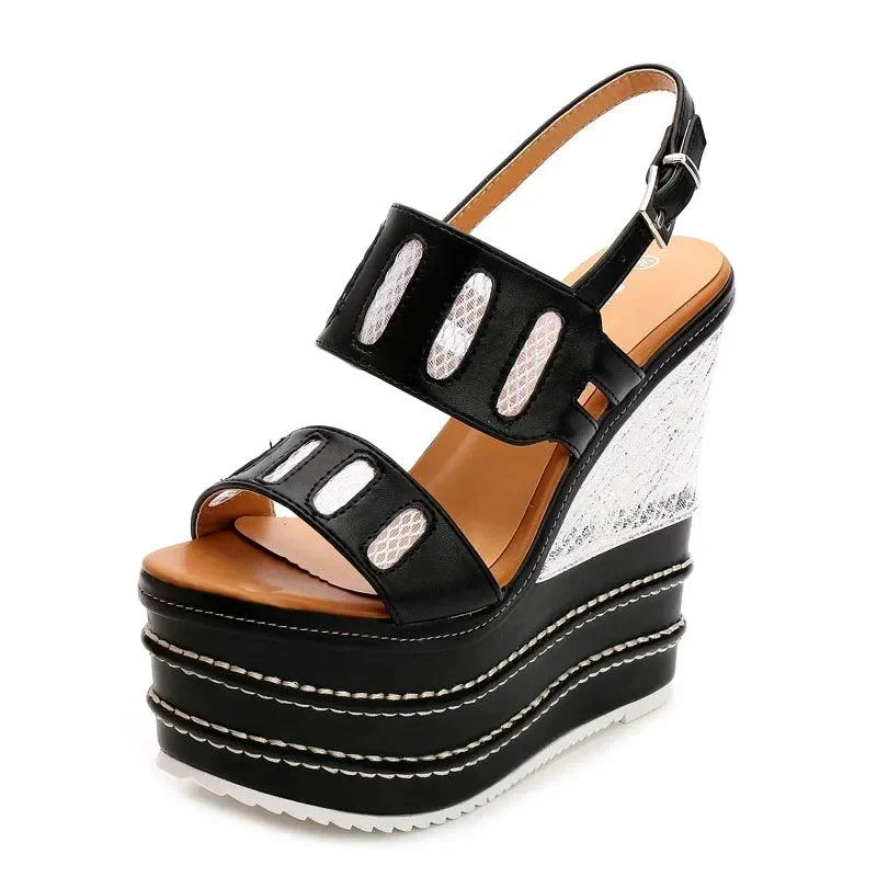 Wedge High Heel Buckle Strap PU Leather Platform Shoes - Glova