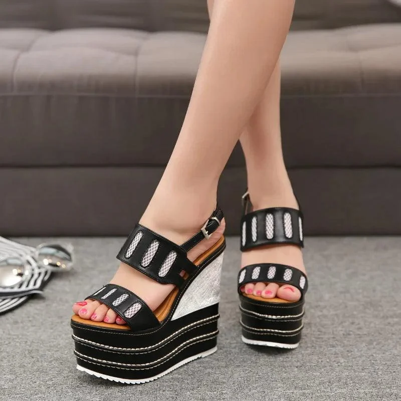 Wedge High Heel Buckle Strap PU Leather Platform Shoes - Glova