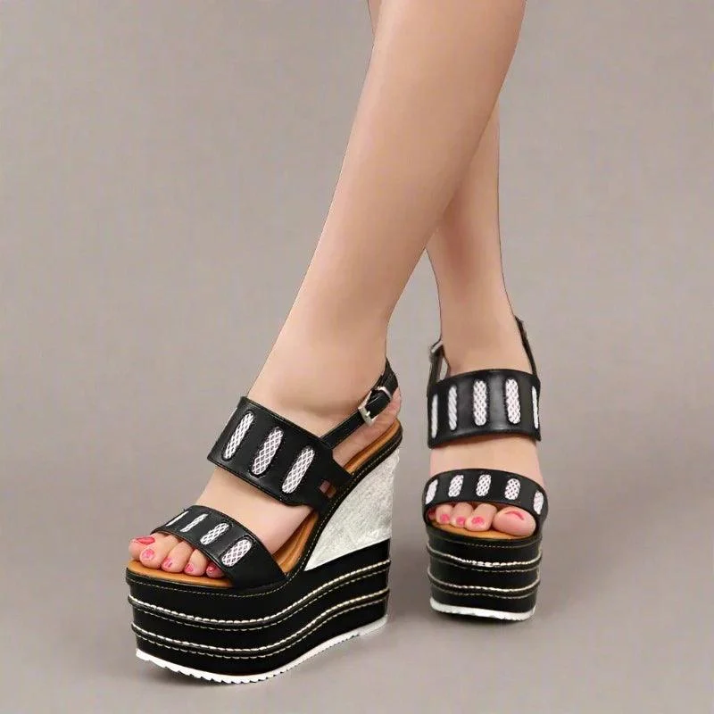 Wedge High Heel Buckle Strap PU Leather Platform Shoes - Glova