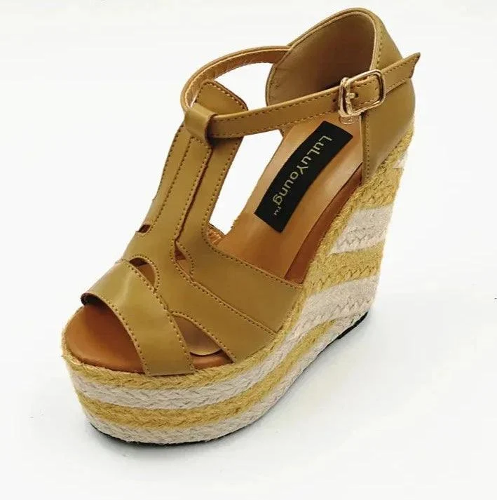 Wedges 13.5cm High Heels Platform Straw Open Toe Sandals - Glova