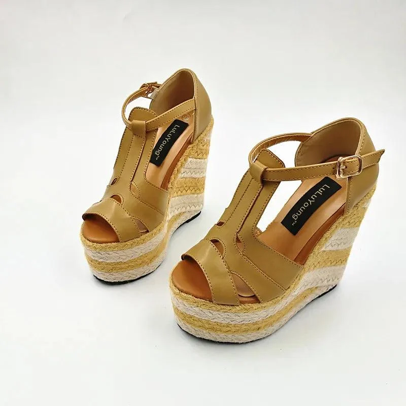 Wedges 13.5cm High Heels Platform Straw Open Toe Sandals - Glova