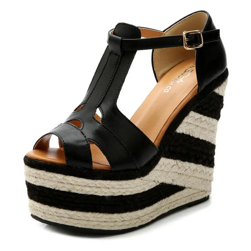 Wedges 13.5cm High Heels Platform Straw Open Toe Sandals - Glova