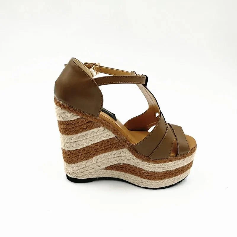 Wedges 13.5cm High Heels Platform Straw Open Toe Sandals - Glova