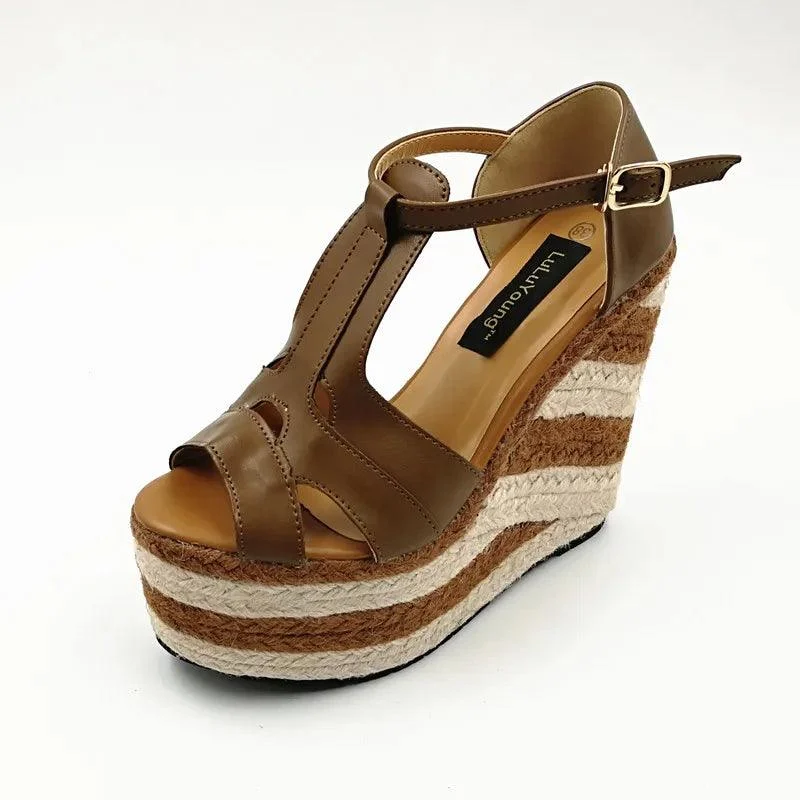 Wedges 13.5cm High Heels Platform Straw Open Toe Sandals - Glova