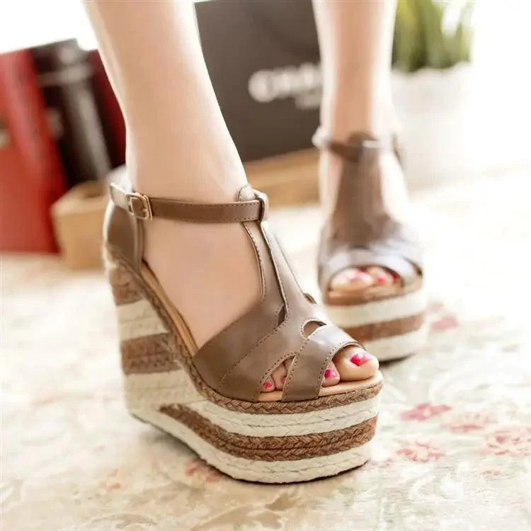 Wedges 13.5cm High Heels Platform Straw Open Toe Sandals - Glova