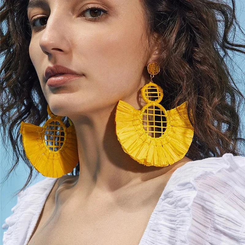 Wella Bohemian Straw Fan Tassel Earrings - Glova