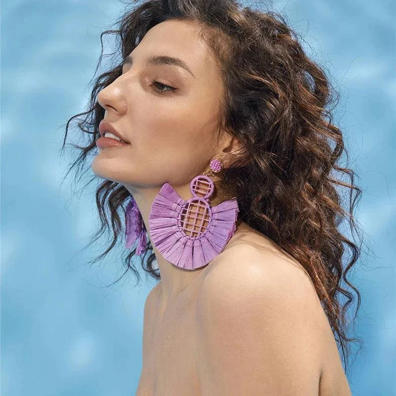 Wella Bohemian Straw Fan Tassel Earrings - Glova