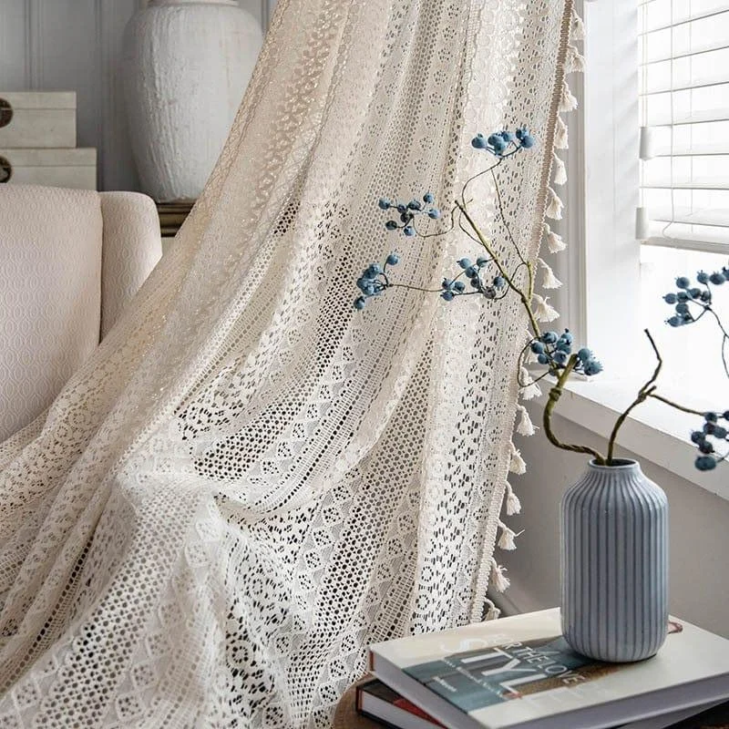 White Boho Tasseled Curtains - Glova