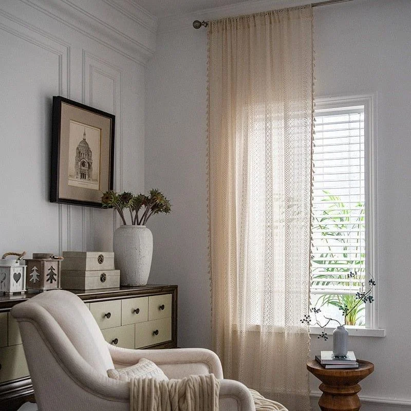 White Boho Tasseled Curtains - Glova