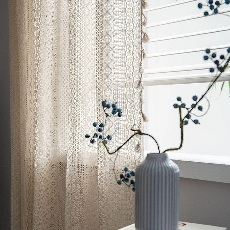 White Boho Tasseled Curtains - Glova