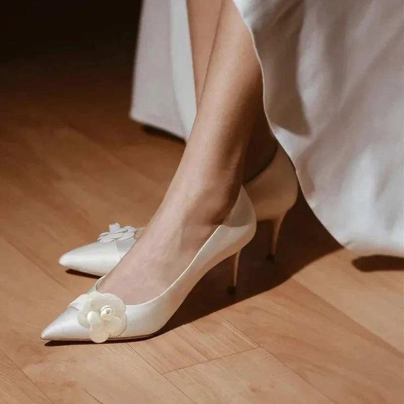 White Bridal Shoes Flower 8CM Fine Heel Party Dress Shoes - Glova