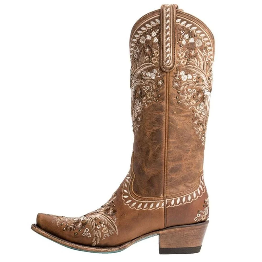 White Floral Embroidery Cowgirl Boots - Glova