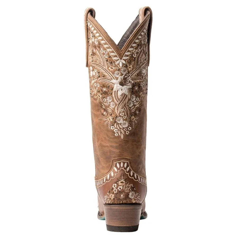 White Floral Embroidery Cowgirl Boots - Glova