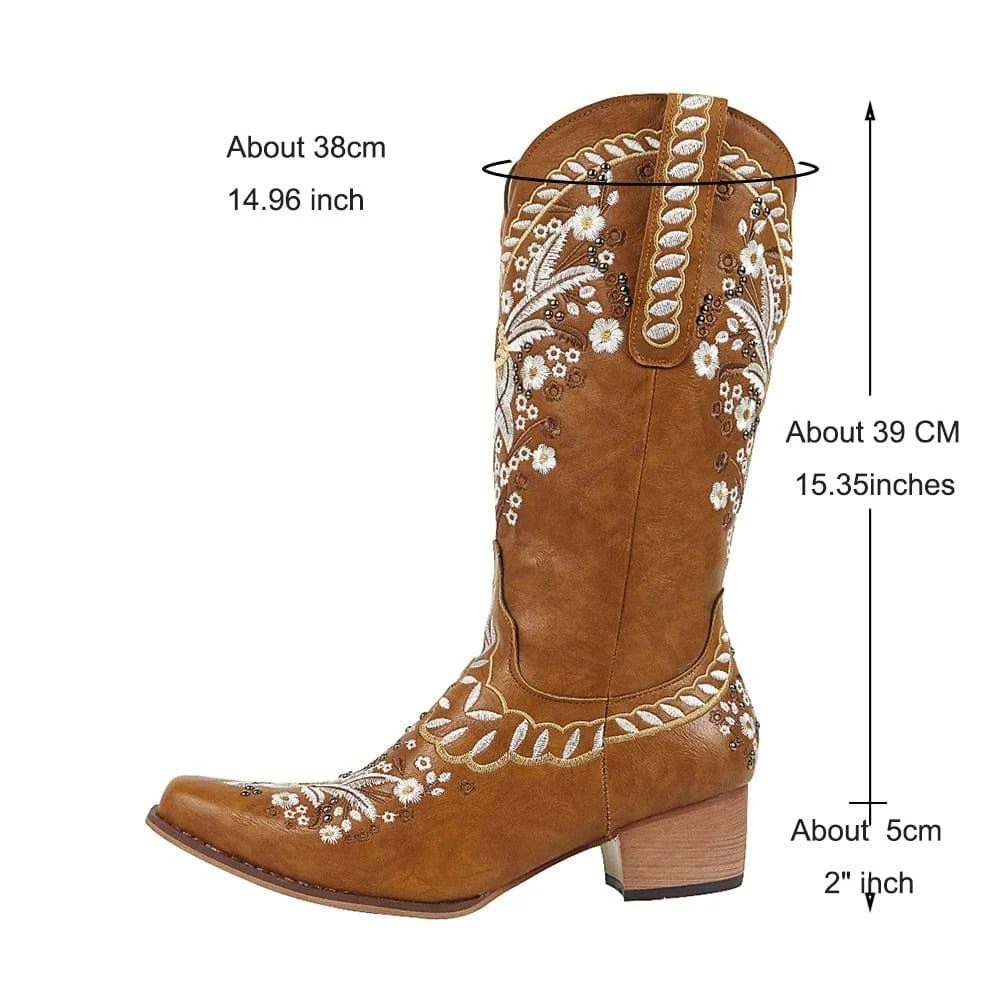 White Floral Embroidery Cowgirl Boots - Glova