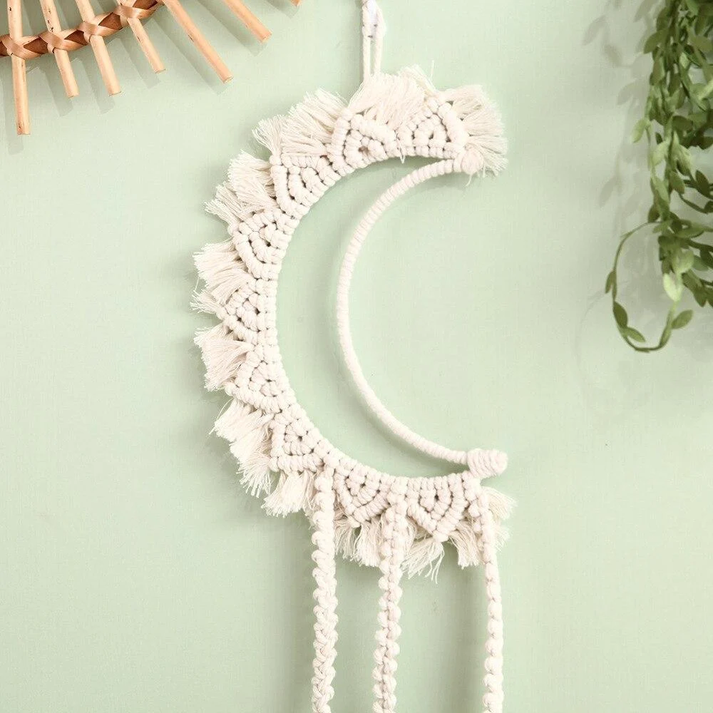 White Macrame Moon Wall Hanging Decor - Glova