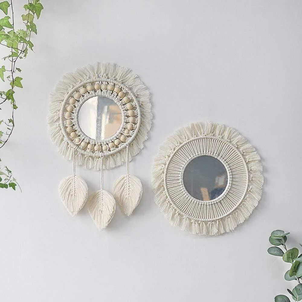 White Macrame Round Mirror - Glova