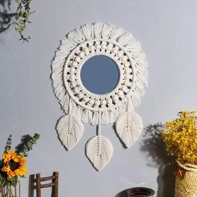 White Macrame Round Mirror - Glova