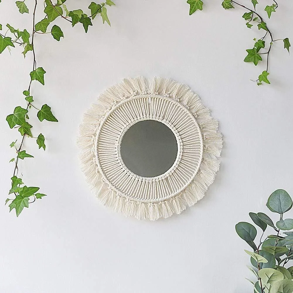 White Macrame Round Mirror - Glova