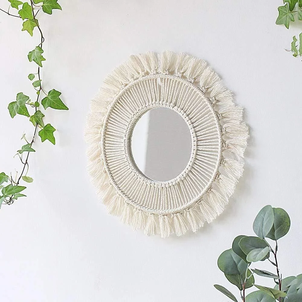 White Macrame Round Mirror - Glova