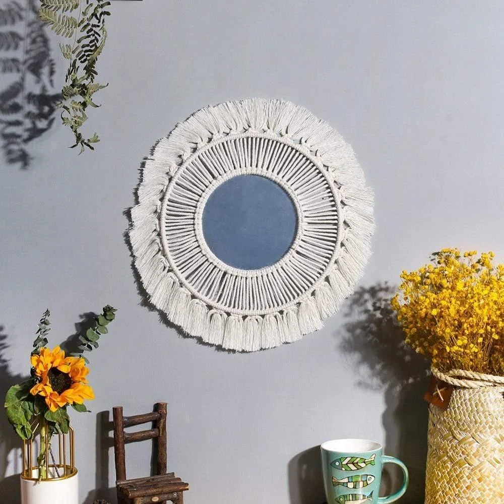 White Macrame Round Mirror - Glova