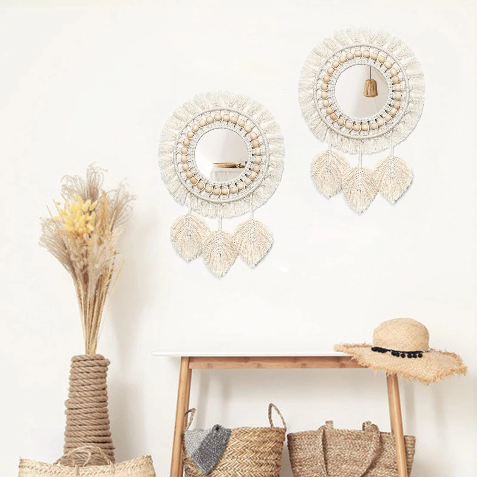 White Macrame Round Mirror - Glova