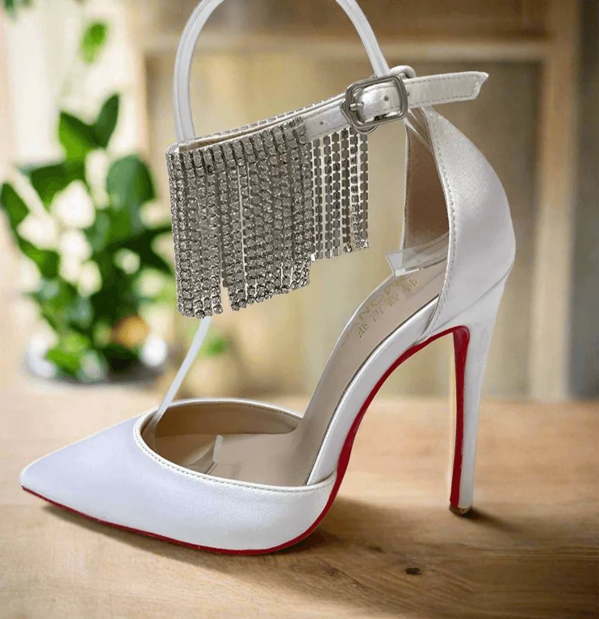 White Satin Silk Ankle Strap with Crystal Tassels High Heeled Shoes - Glova