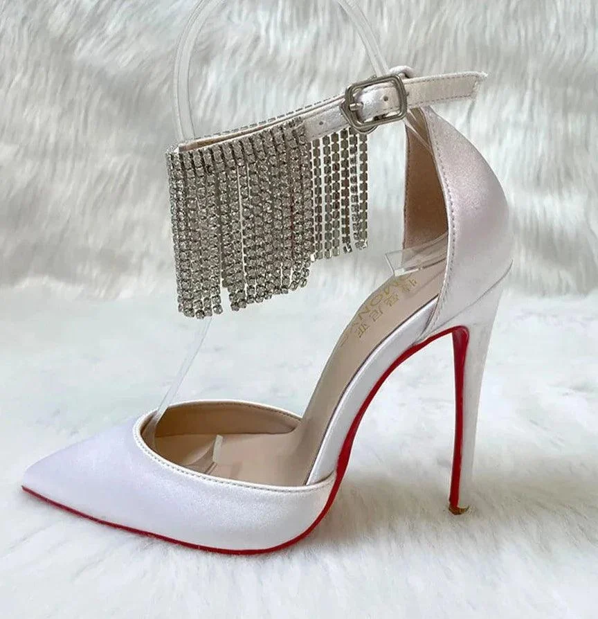 White Satin Silk Ankle Strap with Crystal Tassels High Heeled Shoes - Glova