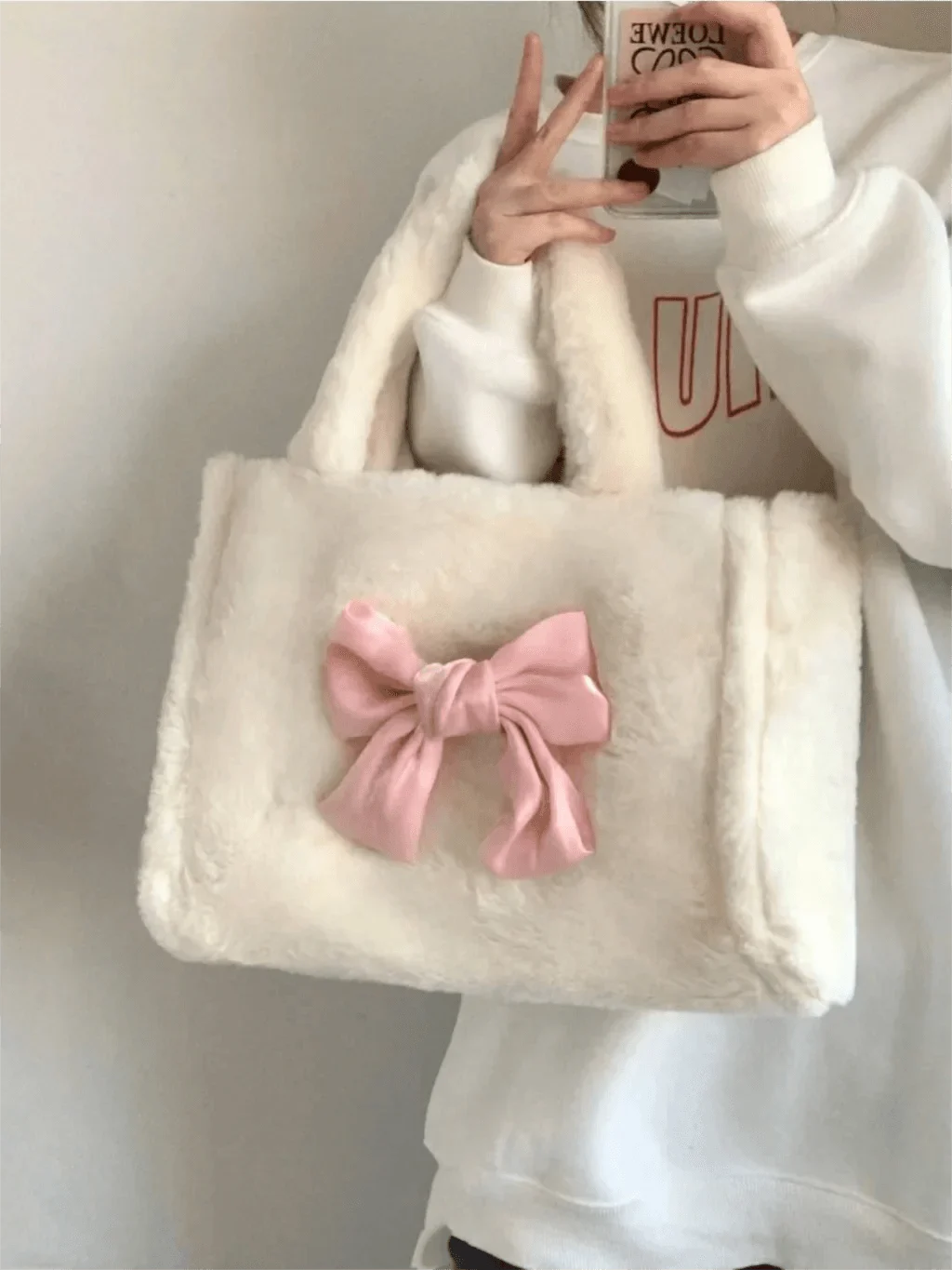 White Sweet Bow Tote Bag Plush Ladies Handbag - Glova