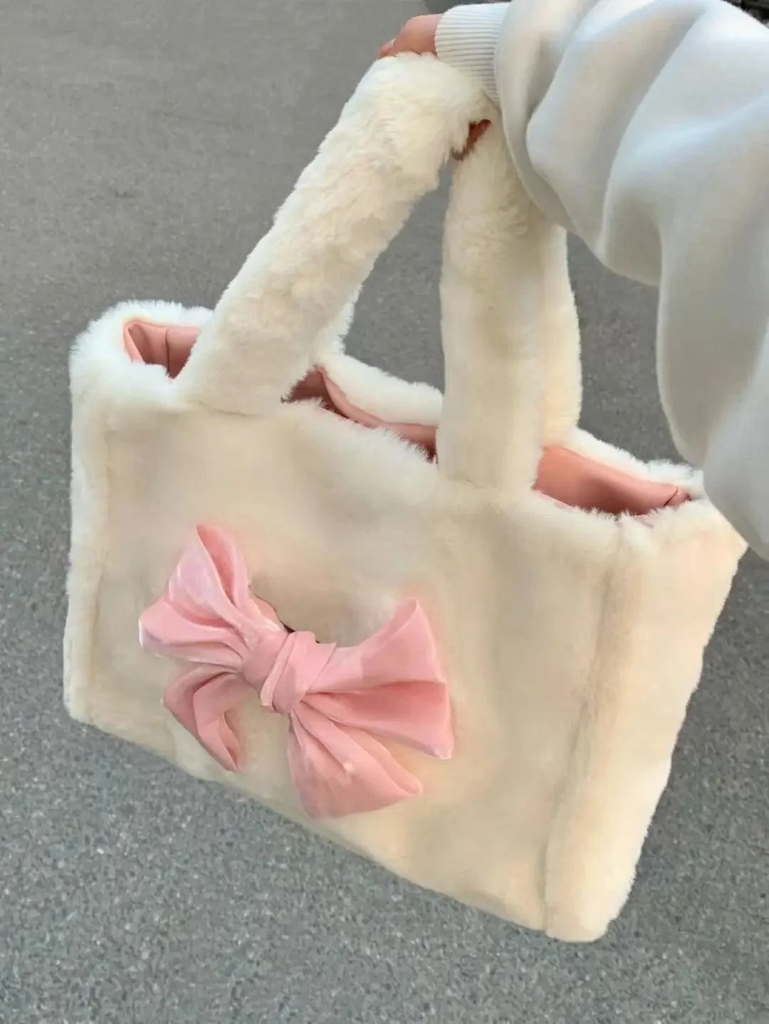 White Sweet Bow Tote Bag Plush Ladies Handbag - Glova