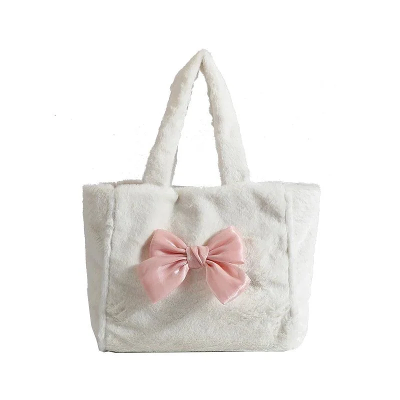 White Sweet Bow Tote Bag Plush Ladies Handbag - Glova