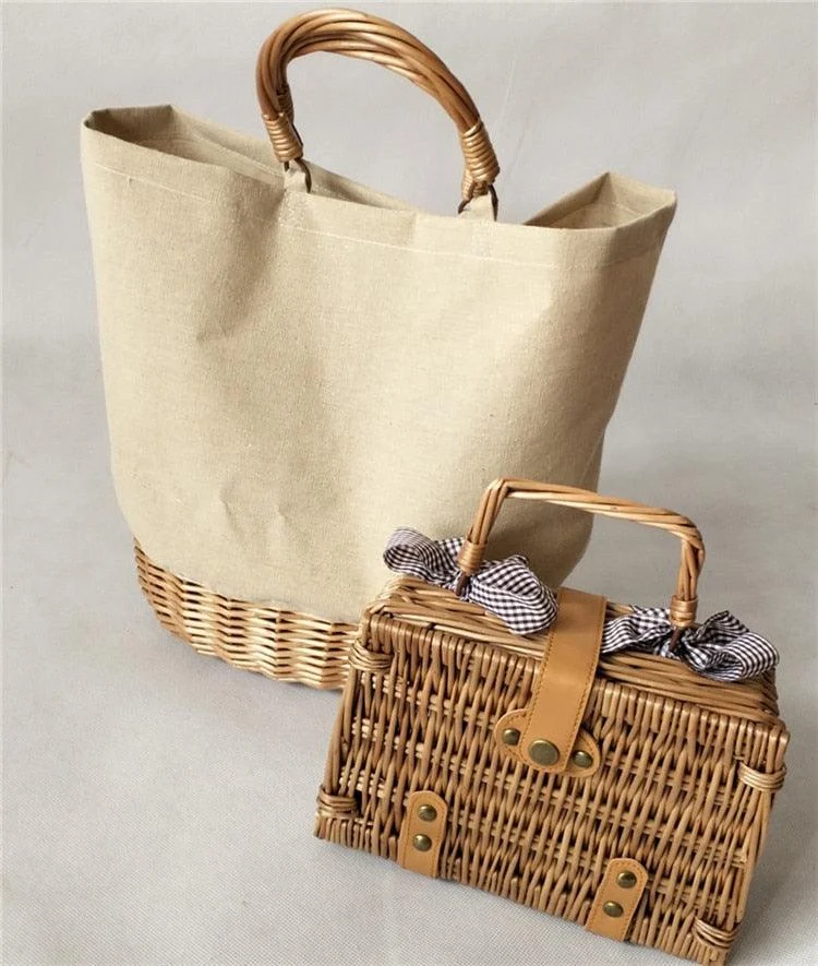 Wicker Handle & Bottom Canvas Tote - Glova