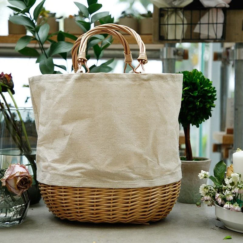 Wicker Handle & Bottom Canvas Tote - Glova