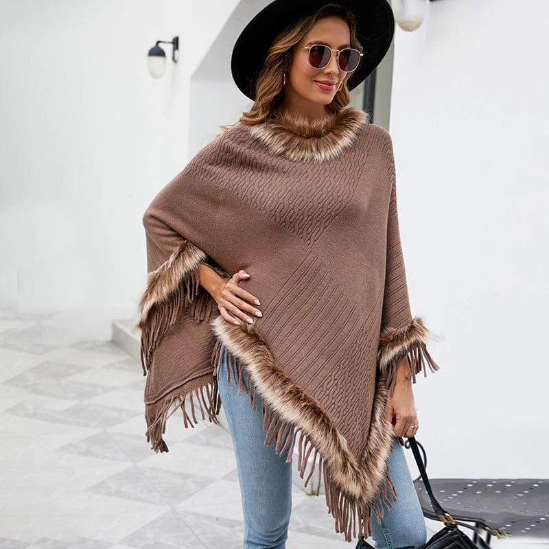 Wilder Faux Fur Trim Poncho - Glova