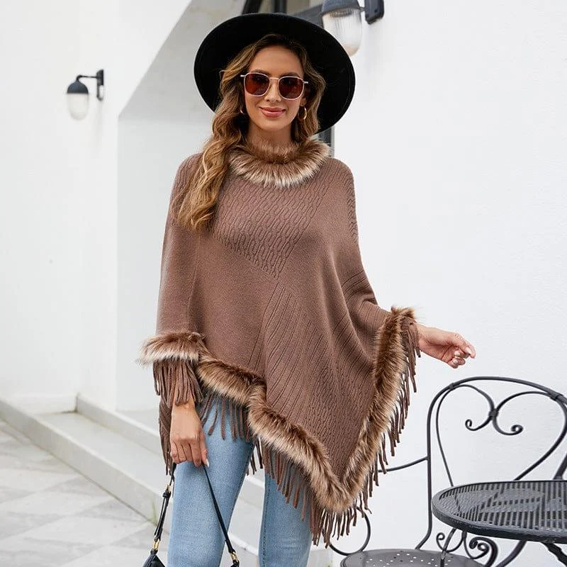 Wilder Faux Fur Trim Poncho - Glova