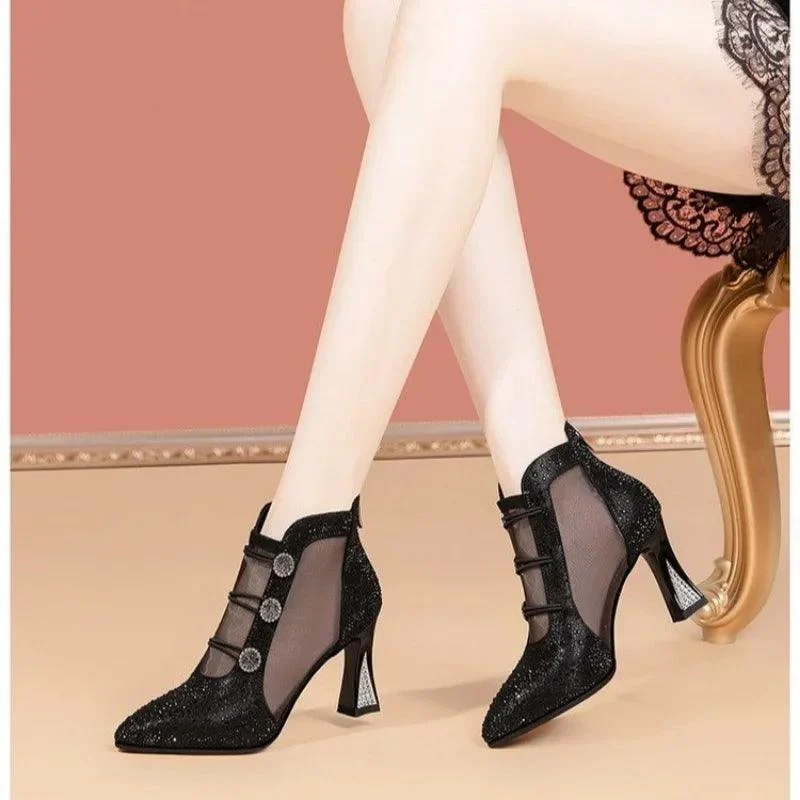 Woman Mesh Pointed Toe Leather Zip Heeled Ankle Boots - Glova