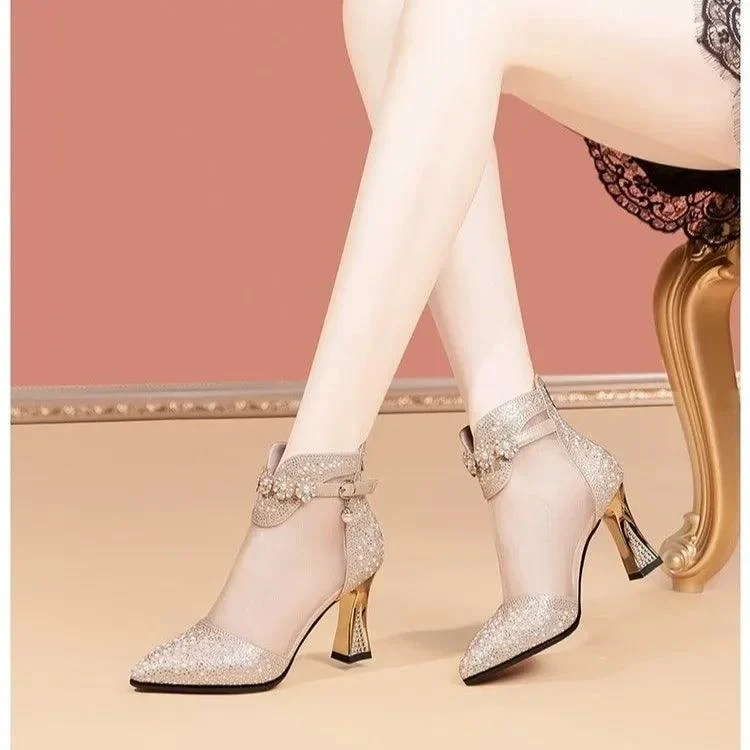 Woman Mesh Pointed Toe Leather Zip Heeled Ankle Boots - Glova