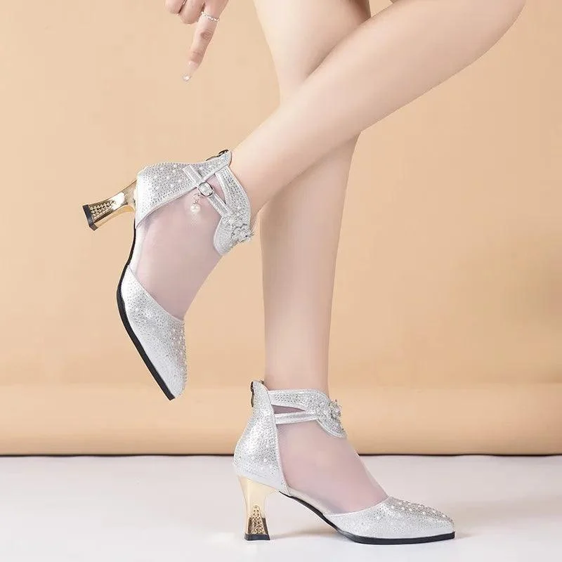 Woman Mesh Pointed Toe Leather Zip Heeled Ankle Boots - Glova