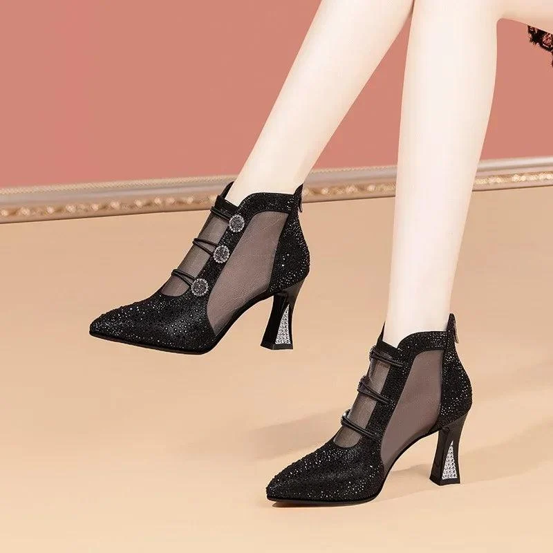 Woman Mesh Pointed Toe Leather Zip Heeled Ankle Boots - Glova