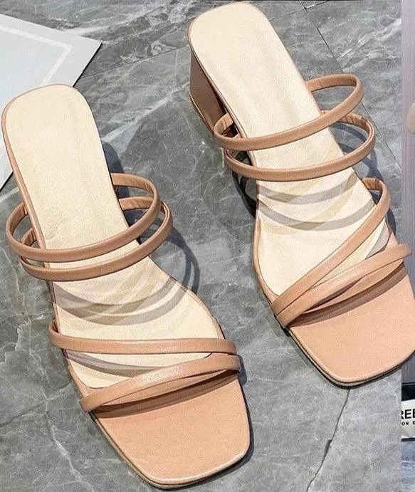 Woman Square Head Flat Heels Sandal Shoes - Glova