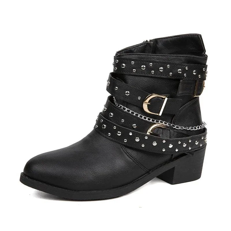 Woman Winter Cowboy Goth Punk Leather Ankle Boots - Glova